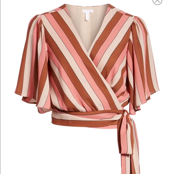 Leith Tops - Leith Pink Brown Striped Short Sleeve Cropped Wrap